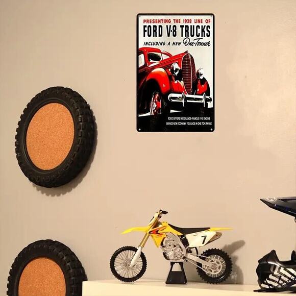 Tin Sign • Presenting the New Line of 1938 Ford V-8 Trucks Ad • New One-Tonner - Picture 2 of 10